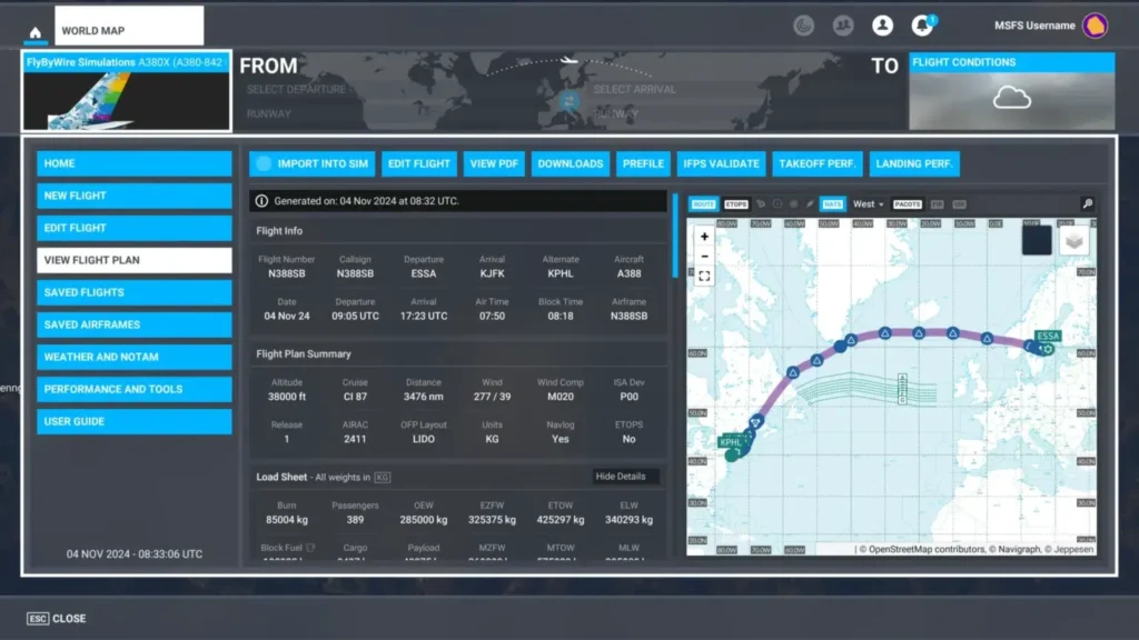 Interface SimBrief Dispatch intégrée à la carte du monde de Microsoft Flight Simulator, plan de vol ESSA-KJFK sur A380 FlyByWire