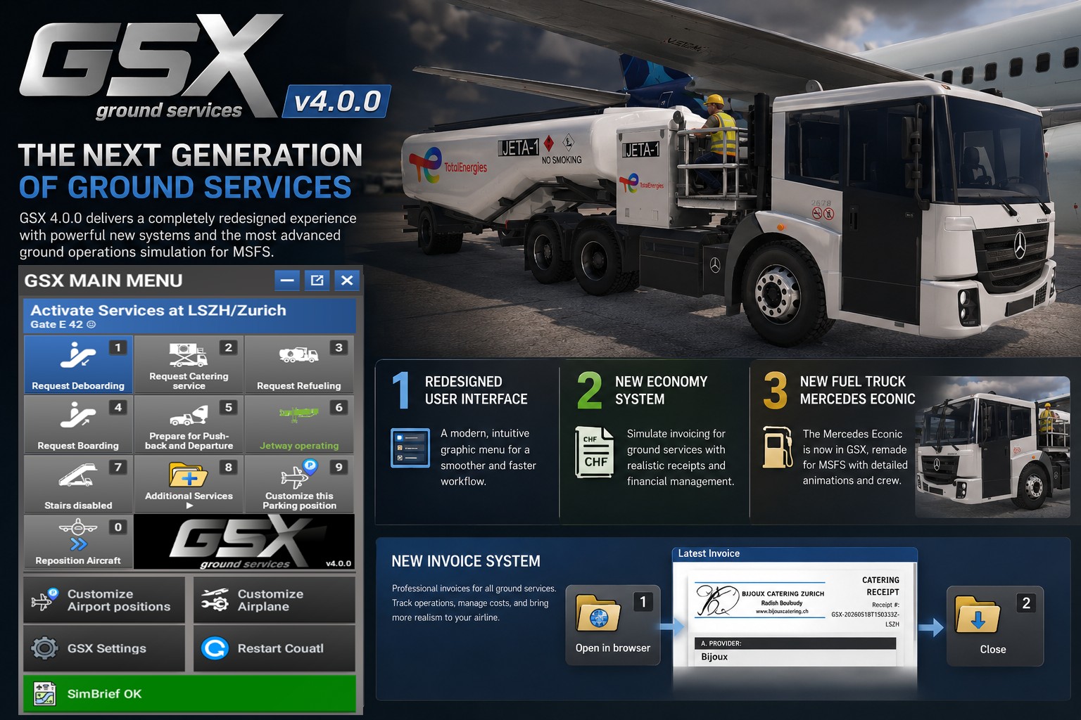 Interface GSX Pro 4.0.0 MSFS 2024, nouveau menu, facturation et camion Mercedes Econic